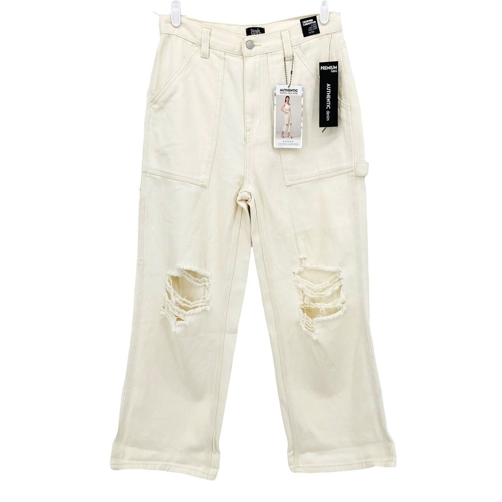 Simply Society Women's Crop Carpenter Pant 9/29 Distressed Cream Rolled Cuff NWT